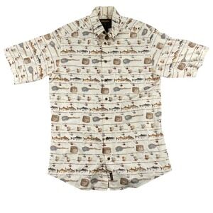 Woolrich Shirt‎ Mens Large Beige John Rich and Bros Fishing Print Short Sleeve